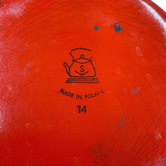 Vintage Huta Silesia Red Enameled Stockpot Black Rimmed Double Handled Cook Pot - Picture 8 of 8